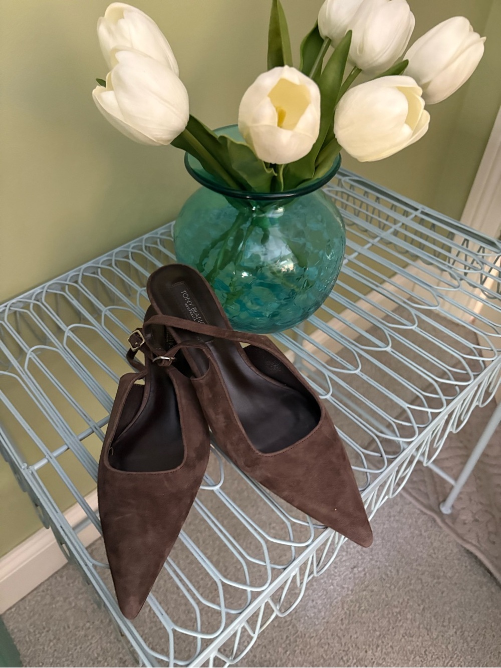 Tony Bianco Brown Suede Pointed Slingback Mules with Buckle